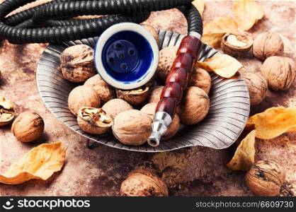 Turkish shisha hookah with flavor walnut for relax.. Hookah with autumn walnut