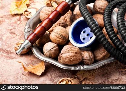 Turkish shisha hookah with flavor walnut for relax.. Hookah with autumn walnut