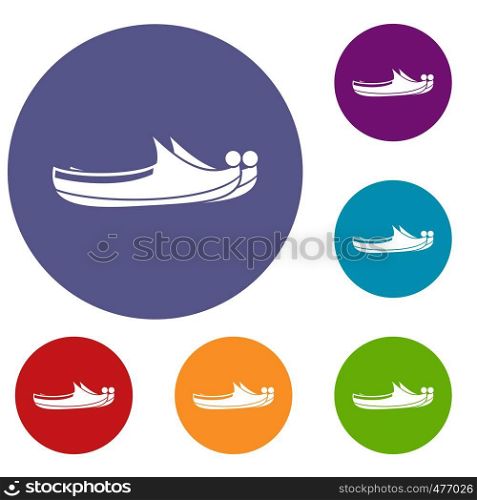 Turkish shoes icons set in flat circle red, blue and green color for web. Turkish shoes icons set