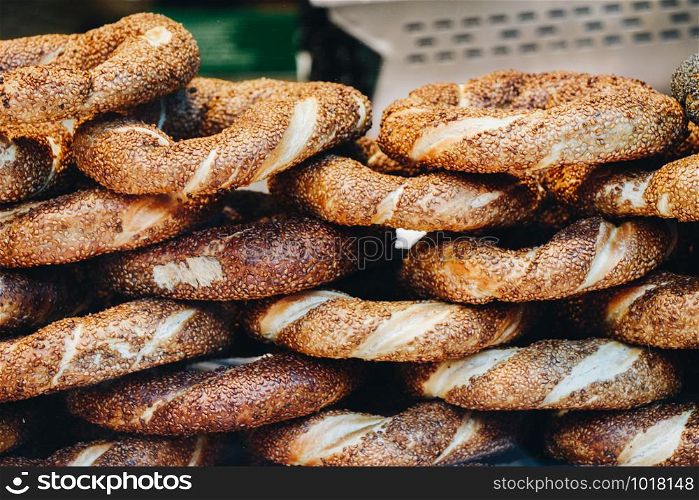 Turkish simits, bagels as snack food in the view
