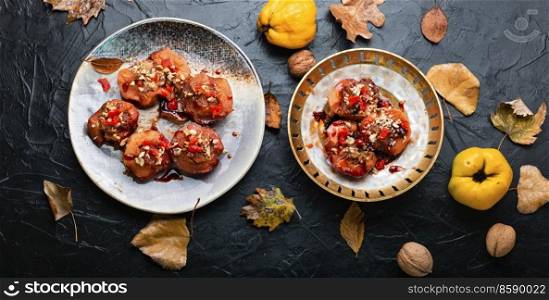 Turkish sweet, caramelized quince dessert. Autumn sweet. Sweet quince dessert
