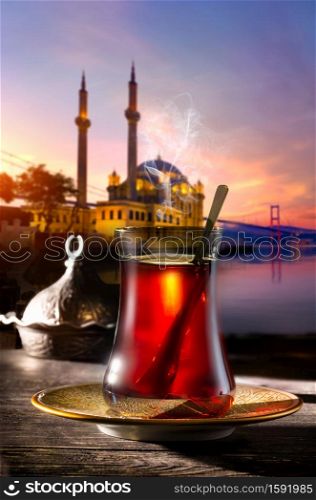Turkish tea in the background of Istanbul