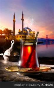 Turkish tea in the background of Istanbul