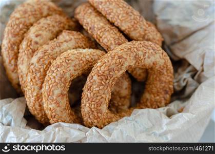 Turkish Traditional Bagel Kandil Simidi / Simit with Sesame Seeds.They are usually eaten on the night of five holy Islam.