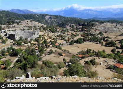 Turkish village and ruins of ancient theater in Selge, Turkey