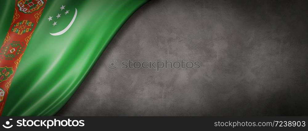 Turkmenistan flag on concrete wall. Horizontal panoramic banner. 3D illustration. Turkmenistan flag on concrete wall banner