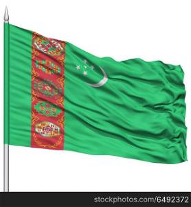 Turkmenistan Flag on Flagpole , Flying in the Wind, Isolated on White Background
