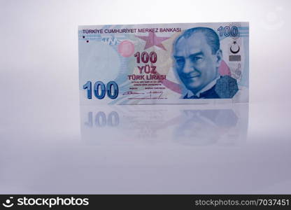 Turksh Lira banknotes of 100 Lira on white background