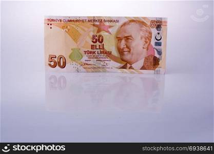 Turksh Lira banknotes of 50 Lira on white background