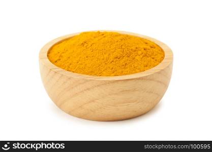 turmaric powder in wooden bowl isolated on white background with clipping path