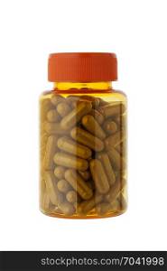 turmeric or longa capsule in bottle isolated on white background with clipping path