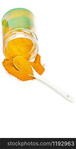 Turmeric pepper powder in glass jar. Heap. Spoon. Isolated on white. Free space for text.