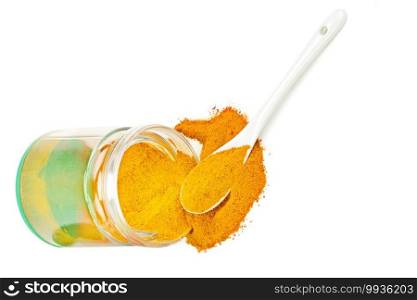Turmeric powder food isolated on white background. Free space for text.