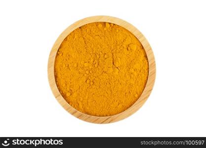 turmeric powder in wooden bowl isolated on white background with clipping path
