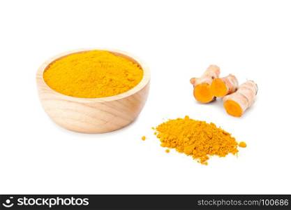 Turmeric rhizome and turmeric powder in wooden bowl isolated on white background
