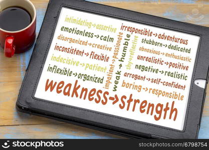 turn your weaknesses into strengths concept - word cloud of weakness-strength pairs on a digital tablet with coffee