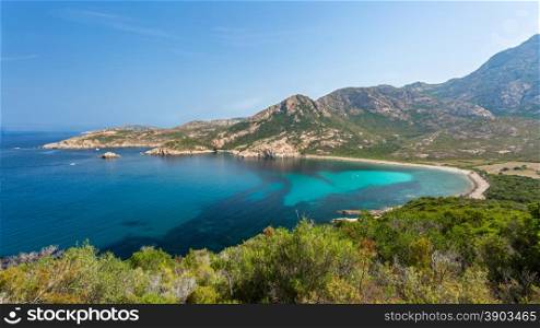 Turquoise Mediterranean sea and the rocky coastline of Corsica between Galeria and Calvi on the west coast