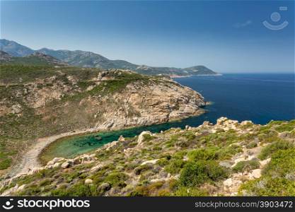 Turquoise Mediterranean sea and the rocky coastline of Corsica between Galeria and Calvi on the west coast