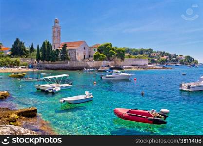 Turquoise sea of Hvar island, franciscian monastery view in Dalmatia, Croatia