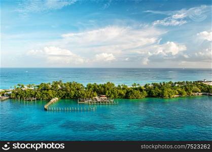 Turquoise sea water and blue sky. Landscape Caribbean sea. Bahamas. Nassau