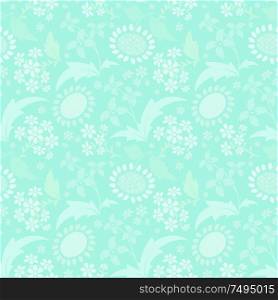 Turquoise seamless pattern with a set of stylized floral elements.