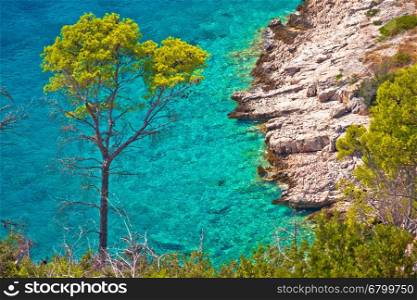 Turquoise stone beach of Brac island aerial view, Dalmatia, Croatia
