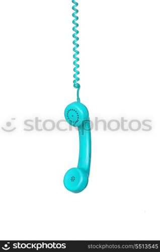 Turquoise telephone cable hanging isolated on white background