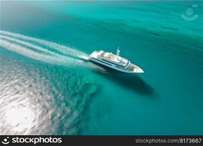 Turquoise transparent sea boat. Summer travel. Generate Ai. Turquoise transparent sea boat. Summer travel
