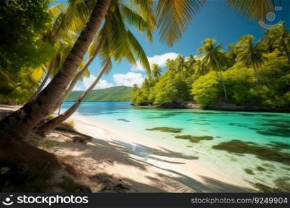 turquoise tropical beach with clear water surrounded by palm tree, summer holidays generative ai.
