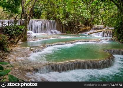 Turquoise water of Kuang Si waterfall near Luang prabang,Laos.