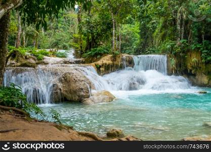 Turquoise water of Kuang Si waterfall near Luang prabang,Laos.
