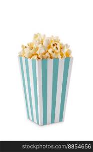 Turquoise white striped carton bucket with tasty cheese popcorn, isolated on white background. Fast food, movies, cinema and entertainment concept.