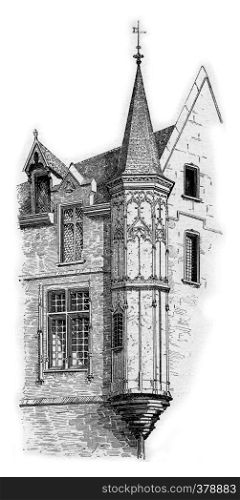 Turret at the corner of Vieille-du-Temple and Franks-Burgeois Streets in Marais, Paris, France. Vintage engraving.
