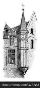 Turret at the corner of Vieille-du-Temple and Franks-Burgeois Streets in Marais, Paris, France. Vintage engraving.