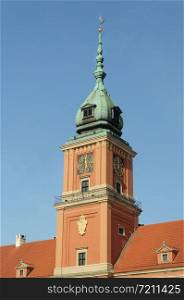 Turret with clock on top of Royal Castle in old town (Stare Miasto) of Warsaw, Poland, sunny summer evening