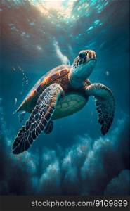 Turtle in ocean underwater. Generative AI. High quality illustration. Turtle in ocean underwater. Generative AI