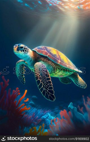 Turtle in ocean underwater. Generative AI. High quality illustration. Turtle in ocean underwater. Generative AI