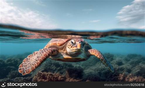 Turtle underwater. Illustration Generative AI
