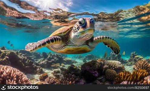 Turtle underwater. Illustration Generative AI 
