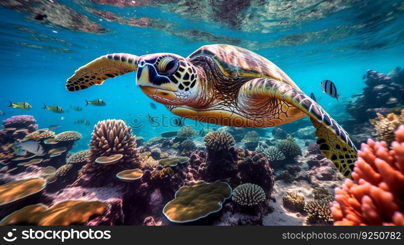 Turtle underwater. Illustration Generative AI 