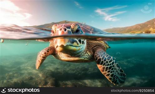 Turtle underwater. Illustration Generative AI
