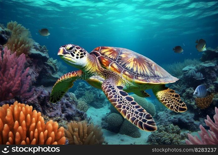 Turtle underwater swim. Water marine. Generate Ai. Turtle underwater swim. Generate Ai