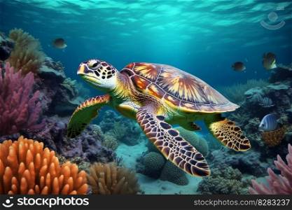 Turtle underwater swim. Water marine. Generate Ai. Turtle underwater swim. Generate Ai
