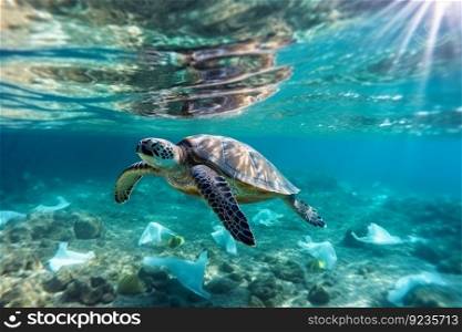 Turtles can eat plastic bags mistaking them for jellyfish, AI Generative
