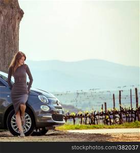 TUSCANY, ITALY - APRIL 4, 2017: view of theportrait of girl travelling by car in Tuscany. TUSCANY, ITALY, april 4, 2017