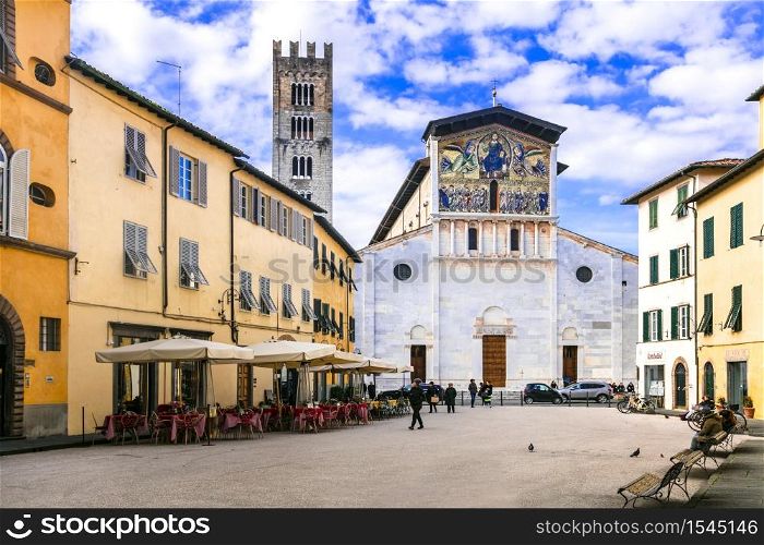 Tuscany, Italy . Beautiful square with cathedral in Lucca old town.. Landmarks of Italy, Lucca old town, Tuscany