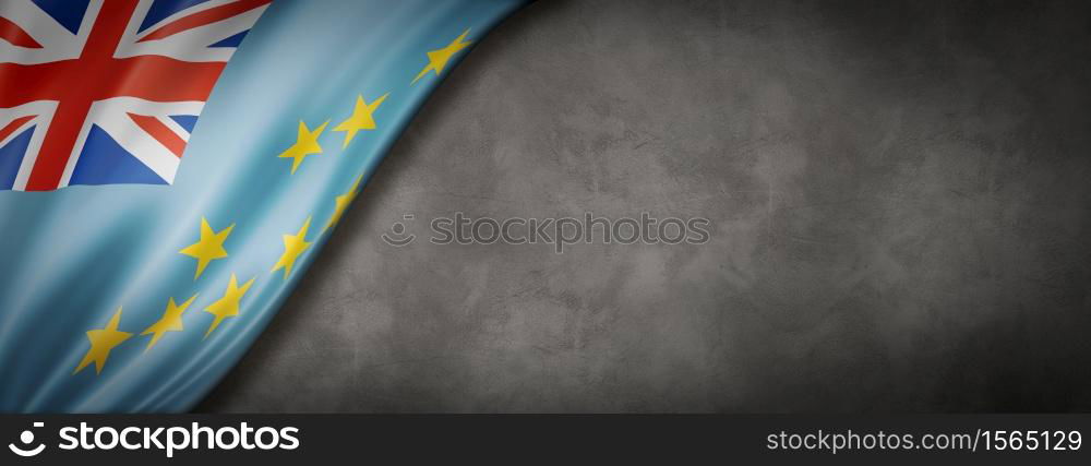 Tuvalu flag on concrete wall. Horizontal panoramic banner. 3D illustration. Tuvalu flag on concrete wall banner