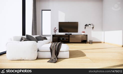 TV cabinet and armchair Japanese style on room Ryokan minimal design. 3D rendering