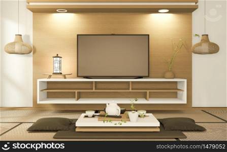 TV cabinet and armchair Japanese style on room Ryokan minimal design. 3D rendering