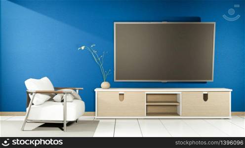 TV cabinet and display japanese interior of dark blue living room and the black background for editing. 3d rendering